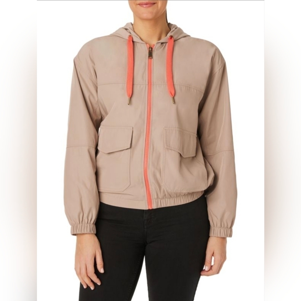 Anthropologie Sanctuary Hooded Winbreaker Jacket Beige & Coral Details